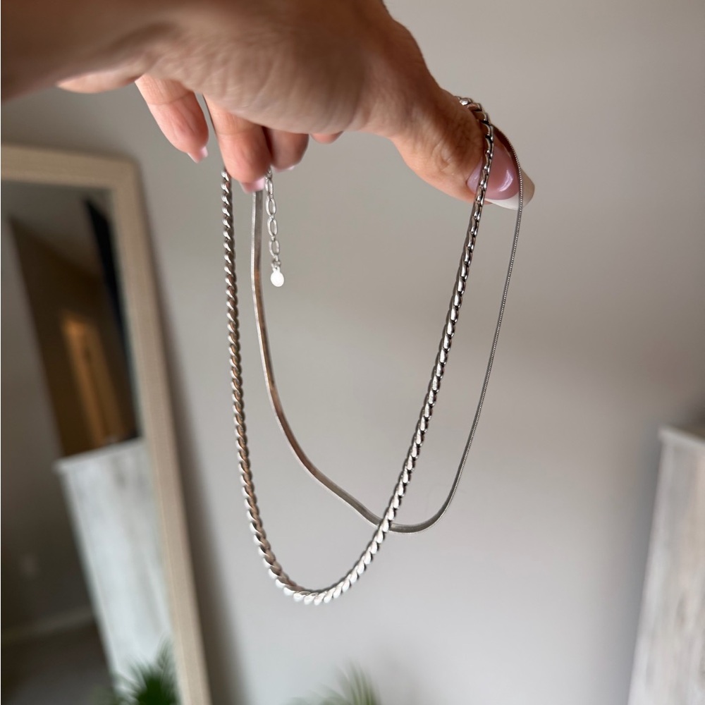 Elegant Silver Chain Necklace layered Cuban and Herringbone